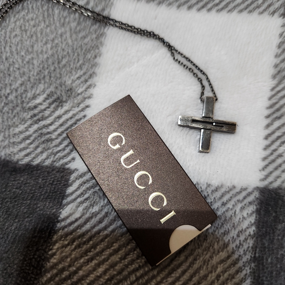 Gucci Cutout G Cross Necklace Black Ruthenium Sterling Silver - Picture 6 of 14